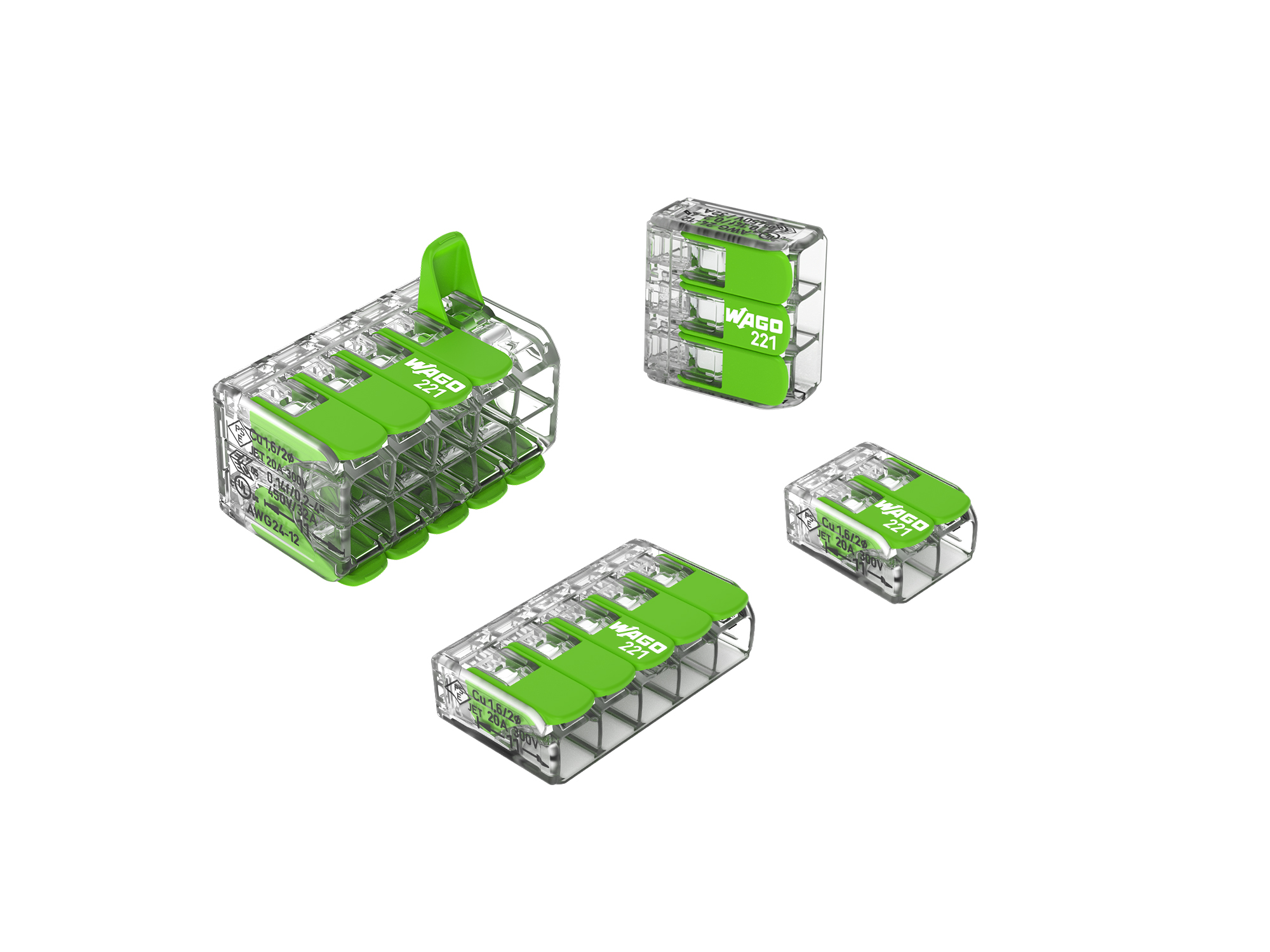 WAGO's 221 series splicing 2-, 3-, 5-, and 10-conductor made with sustainable plastics